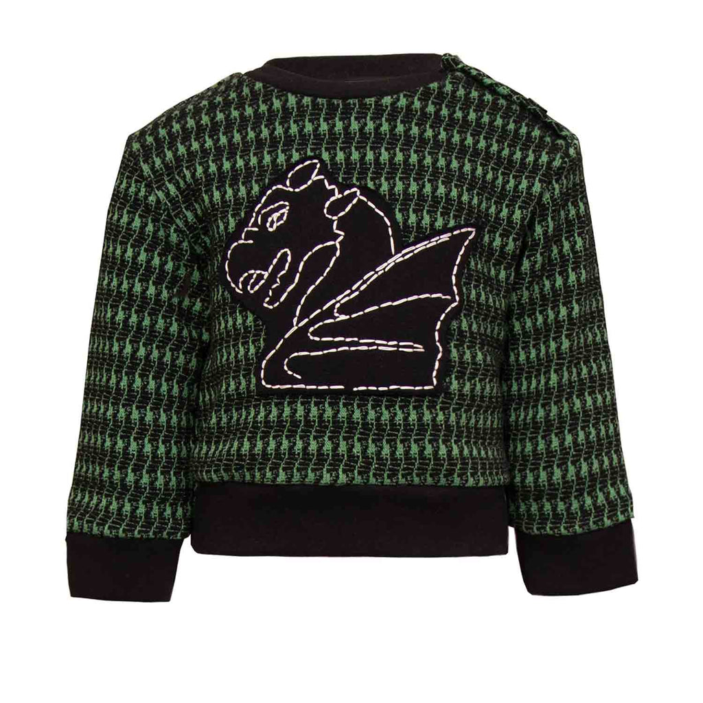 Black and green pied de poule Baby Sweatshirt with Dragon Appliqué - My Store_Be happy