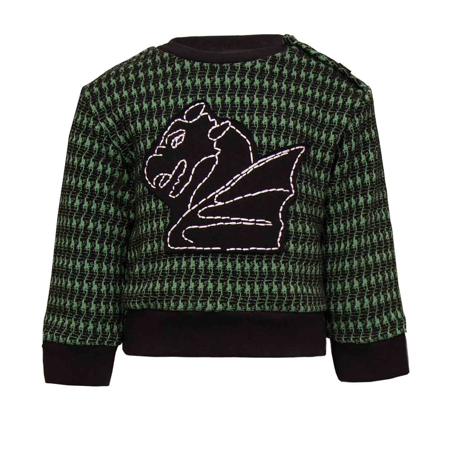 Black and green pied de poule Baby Sweatshirt with Dragon Appliqué - My Store_Be happy